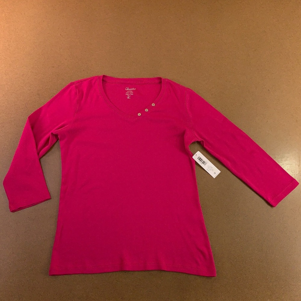 Chicos Womens Size Small Pink‎ Jubilee 3/4 Sleeve V Neck Pullover Top NWT *Flaw